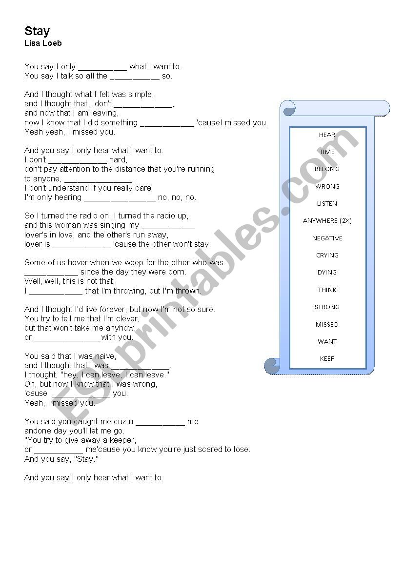 Stay by Lisa Loeb - Song worksheet