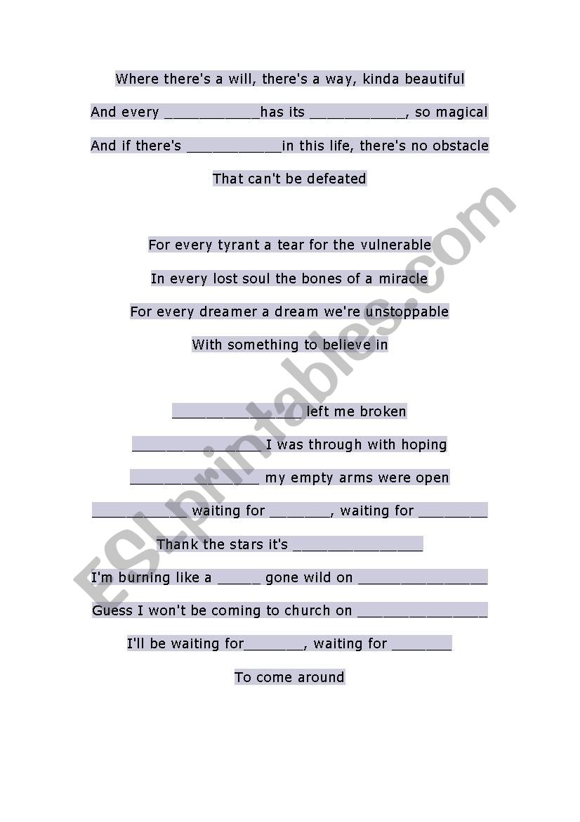 Song lyrics worksheet: Waiting for love by Avicii