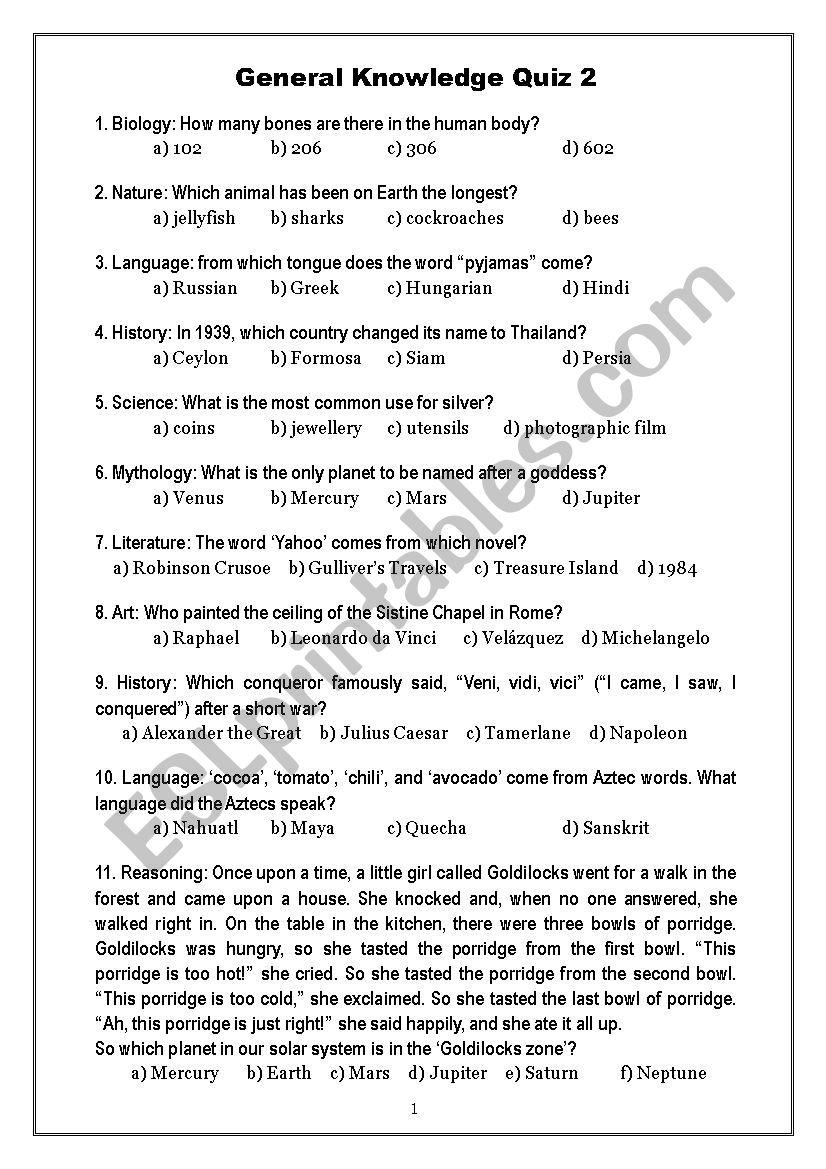 General Knowledge Quiz 2 worksheet