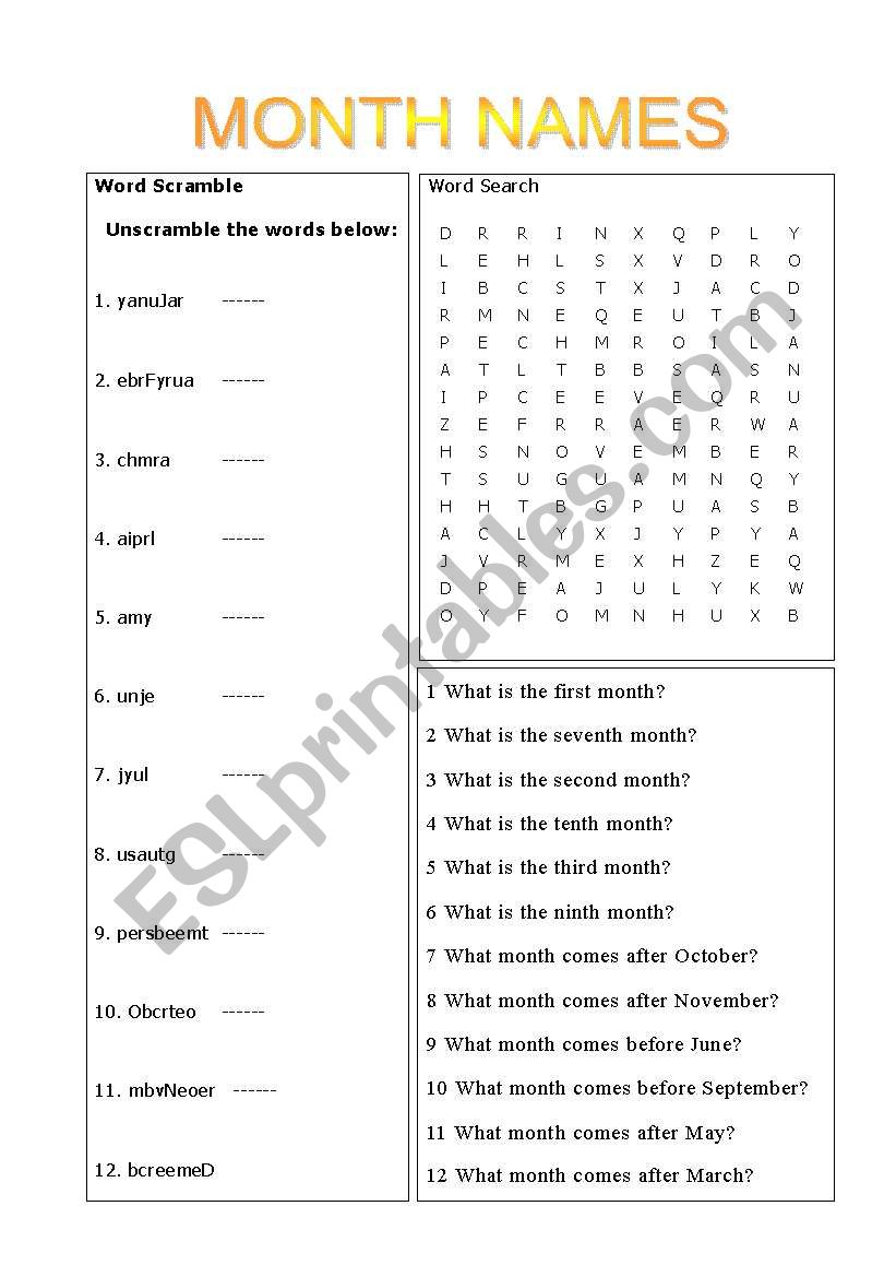 MONTH NAMES worksheet