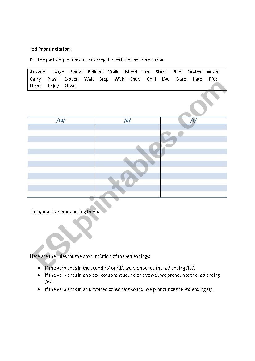 ED pronunciation worksheet