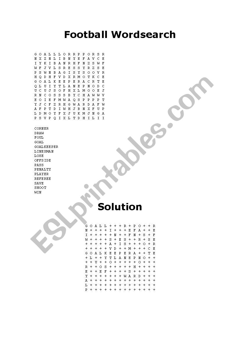 Football wordsearch worksheet