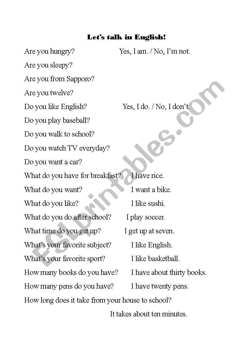 Lets talk in English. worksheet