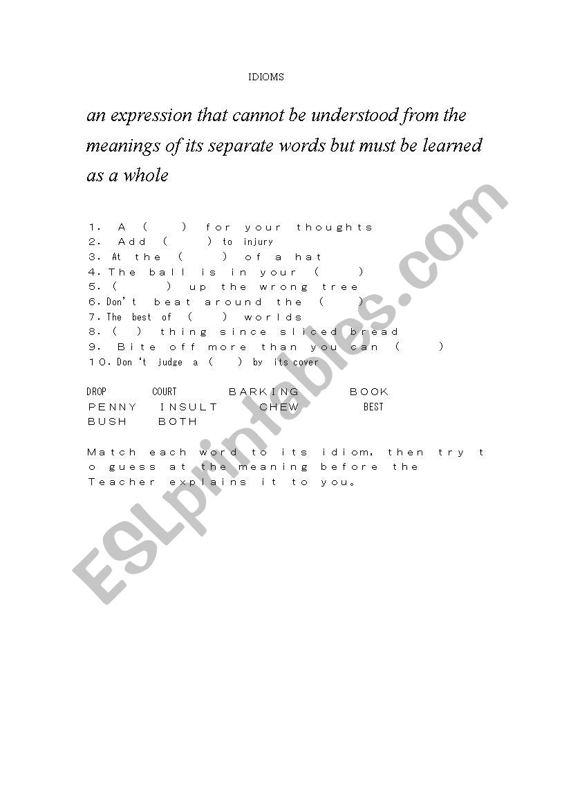 Ten popular idioms worksheet Ten popular idioms worksheet