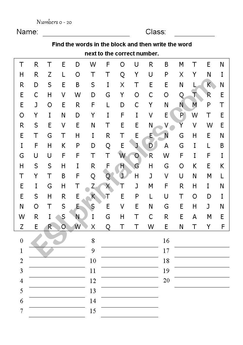 Numbers 0 to 20 word search worksheet