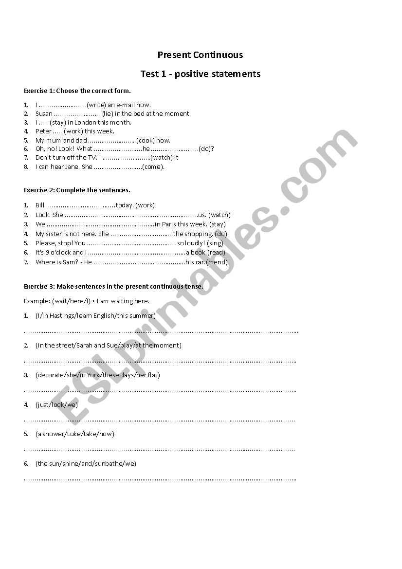 Present continuous EX 1 worksheet