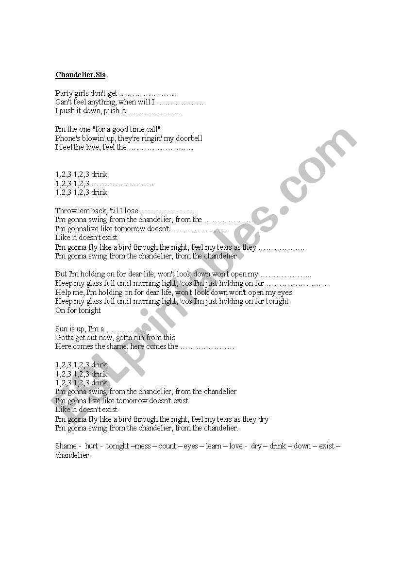 Chandelier - Sia (song class) worksheet