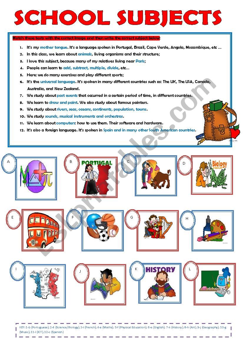 SCHOOL SUBJECTS worksheet