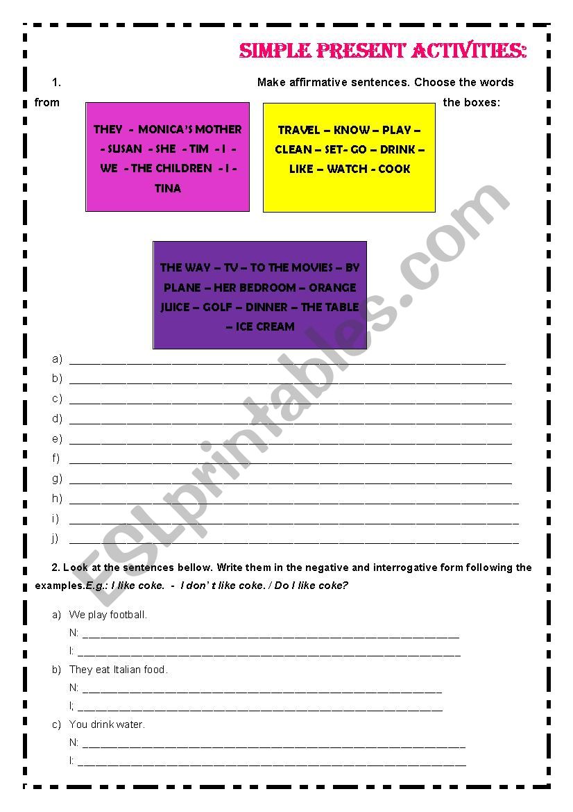 Simple present activities worksheet