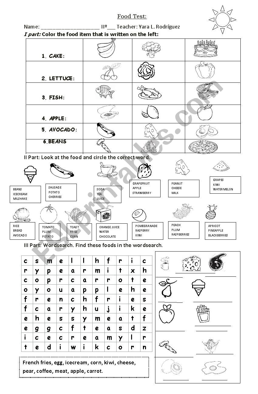 FOOD EVALUATION.  worksheet