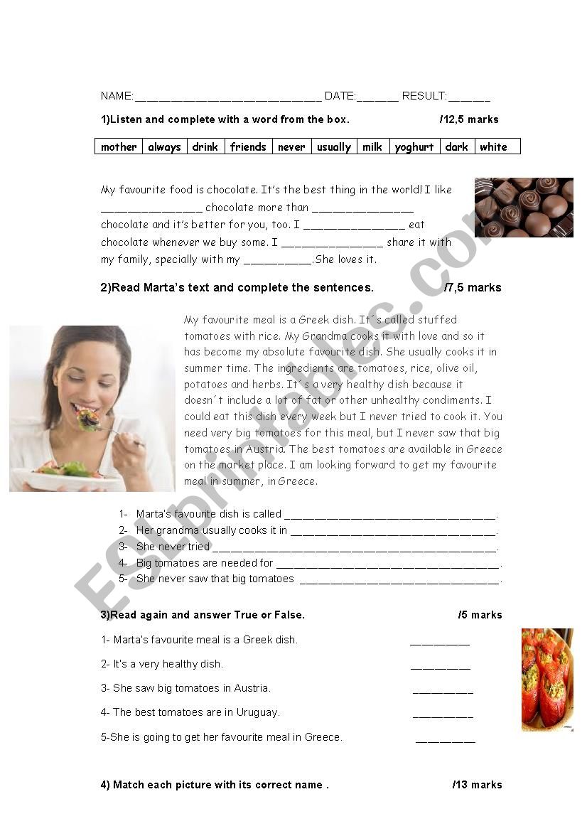 Food/Daily activities worksheet