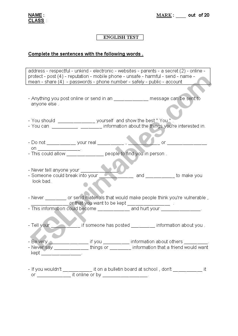 internet test  worksheet