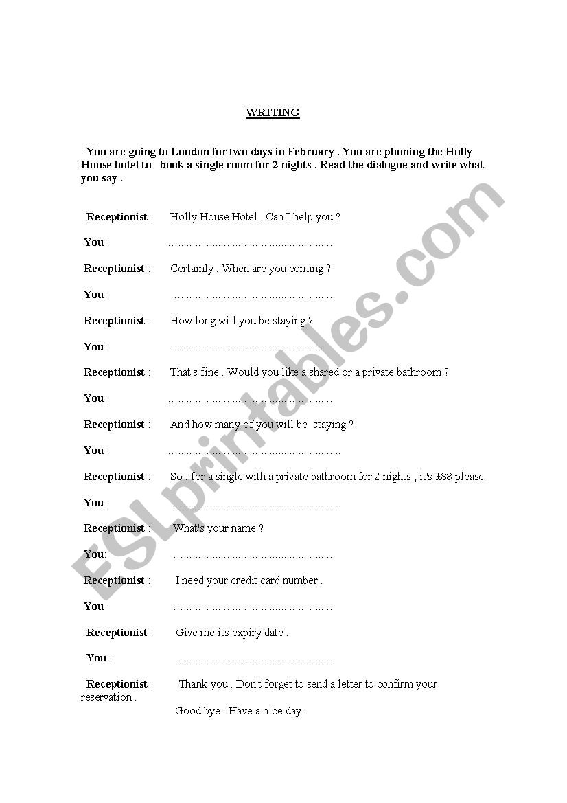 at the hotel worksheet