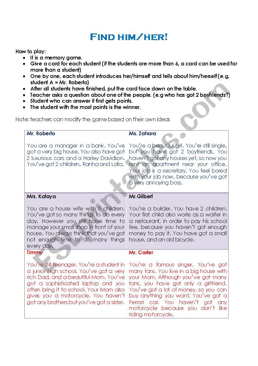 find him/her! worksheet