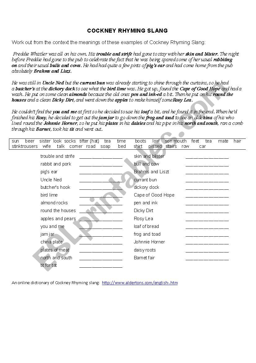 Cokney slang worksheet