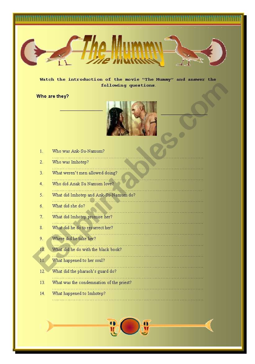 Movie Activity - The Mummy worksheet