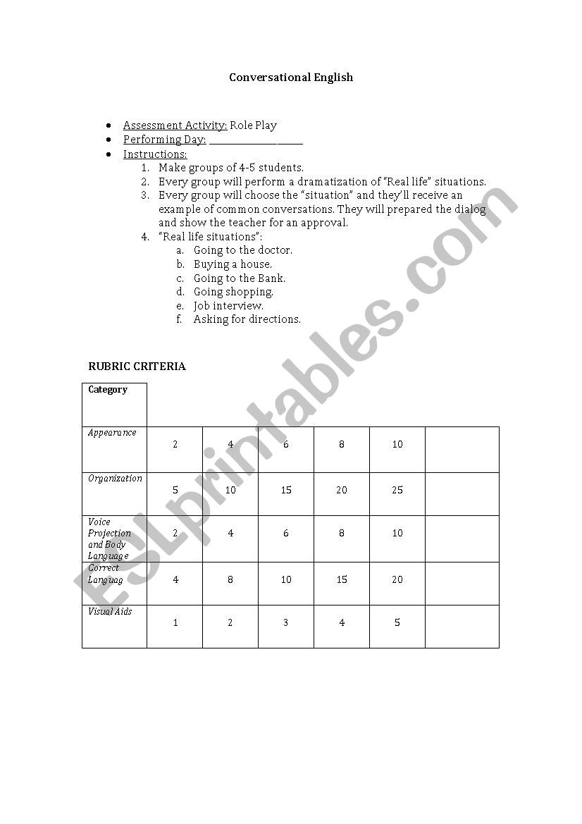 Role play instructions with rubric