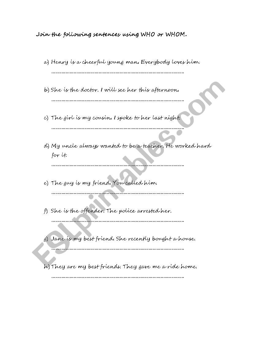 Who VS Whom Worksheet worksheet