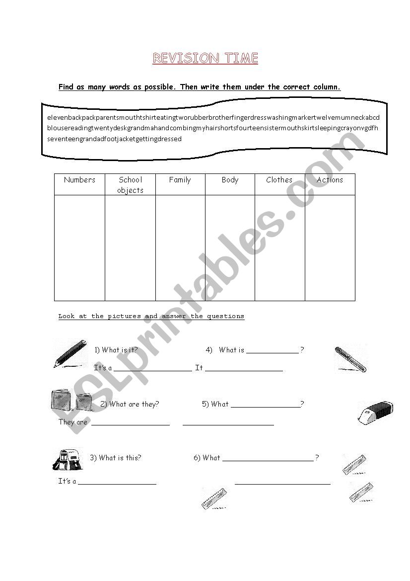 Revision time worksheet