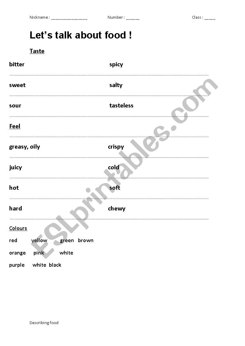 Taste and feel of food worksheet