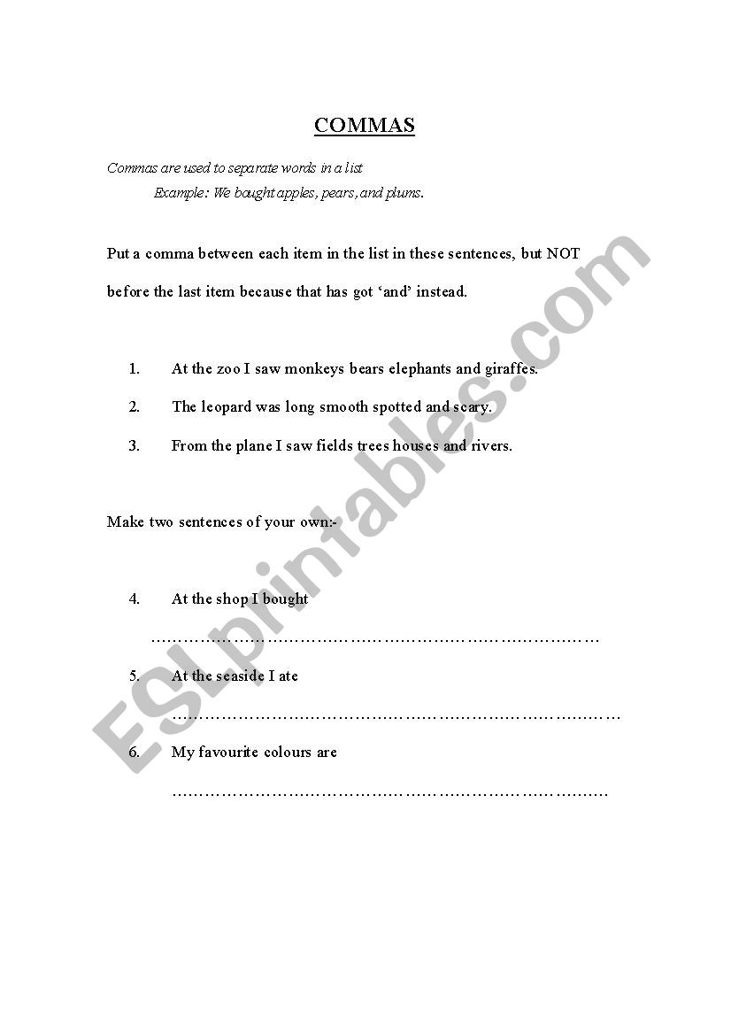 Commas worksheet