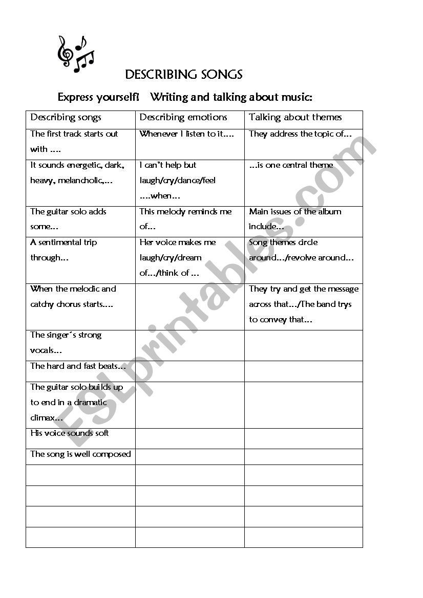 Describing Songs worksheet