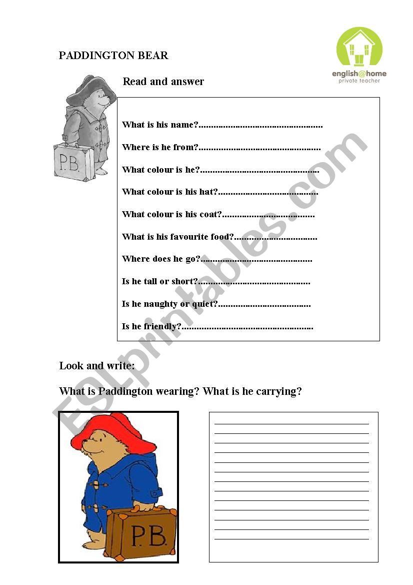 Paddington Bear worksheet