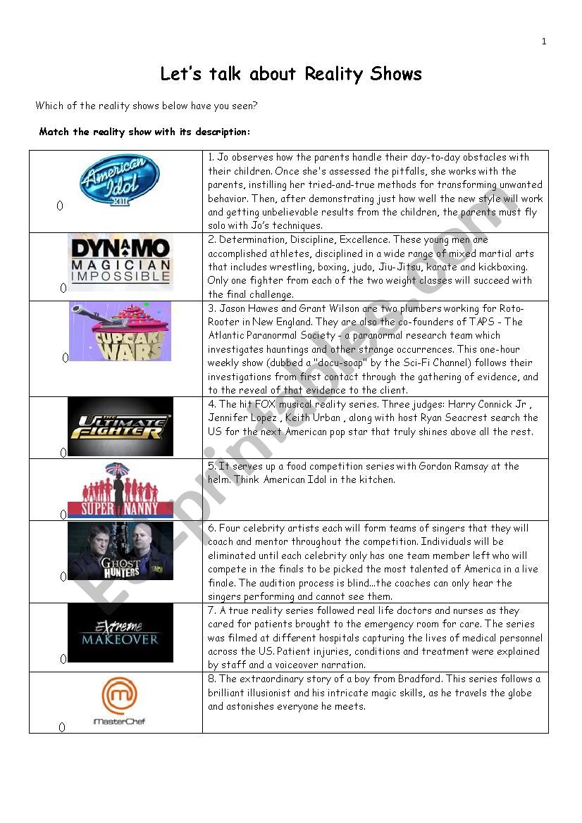 LETS TALK ABOUT REALITY SHOWS worksheet