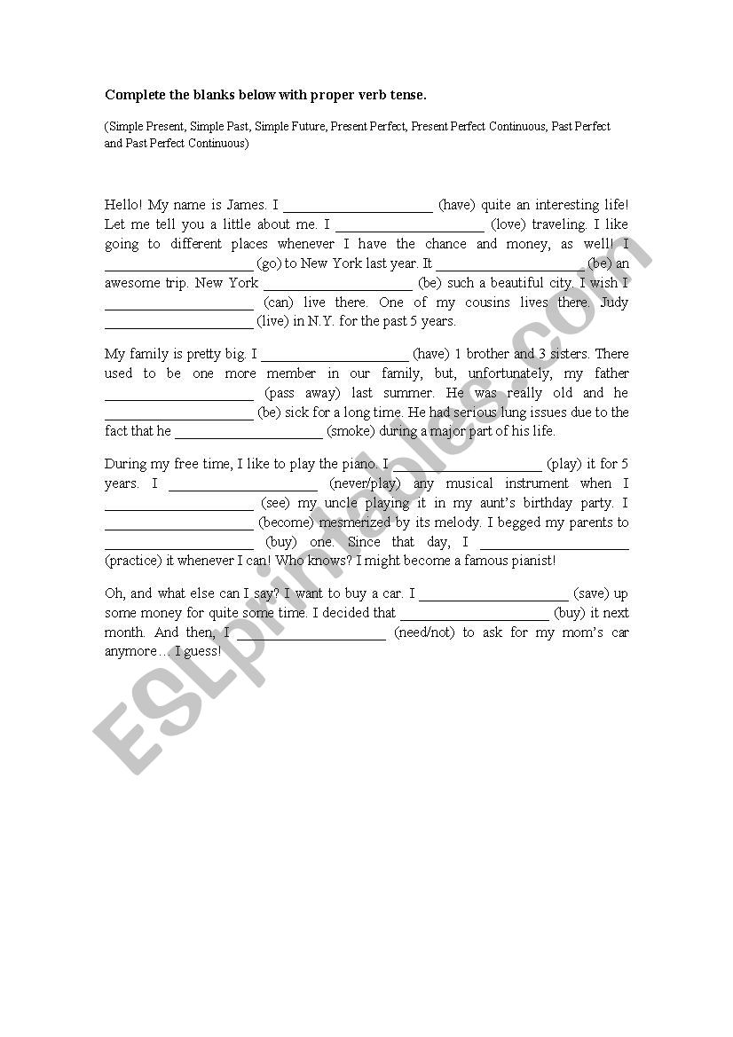 Verb tense Review worksheet