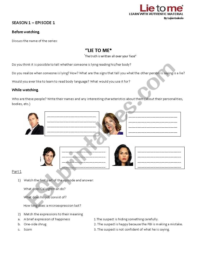 SERIES worksheet LIE TO ME season 1 chapter 1 