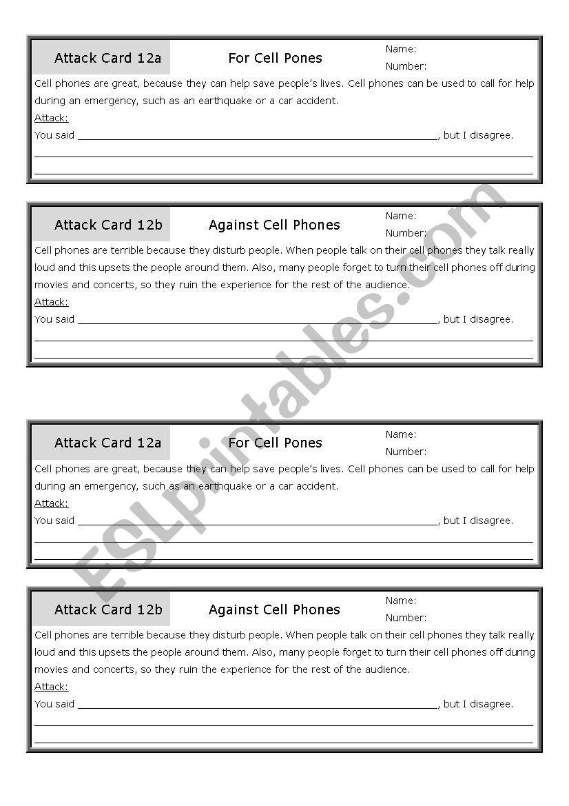 Cell Phones Attack Cards worksheet