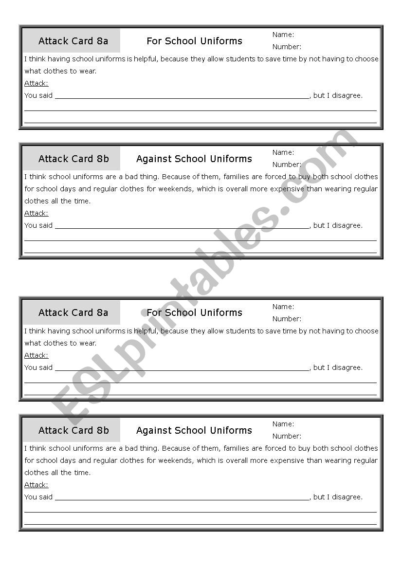 School Uniform - Attack Cards worksheet