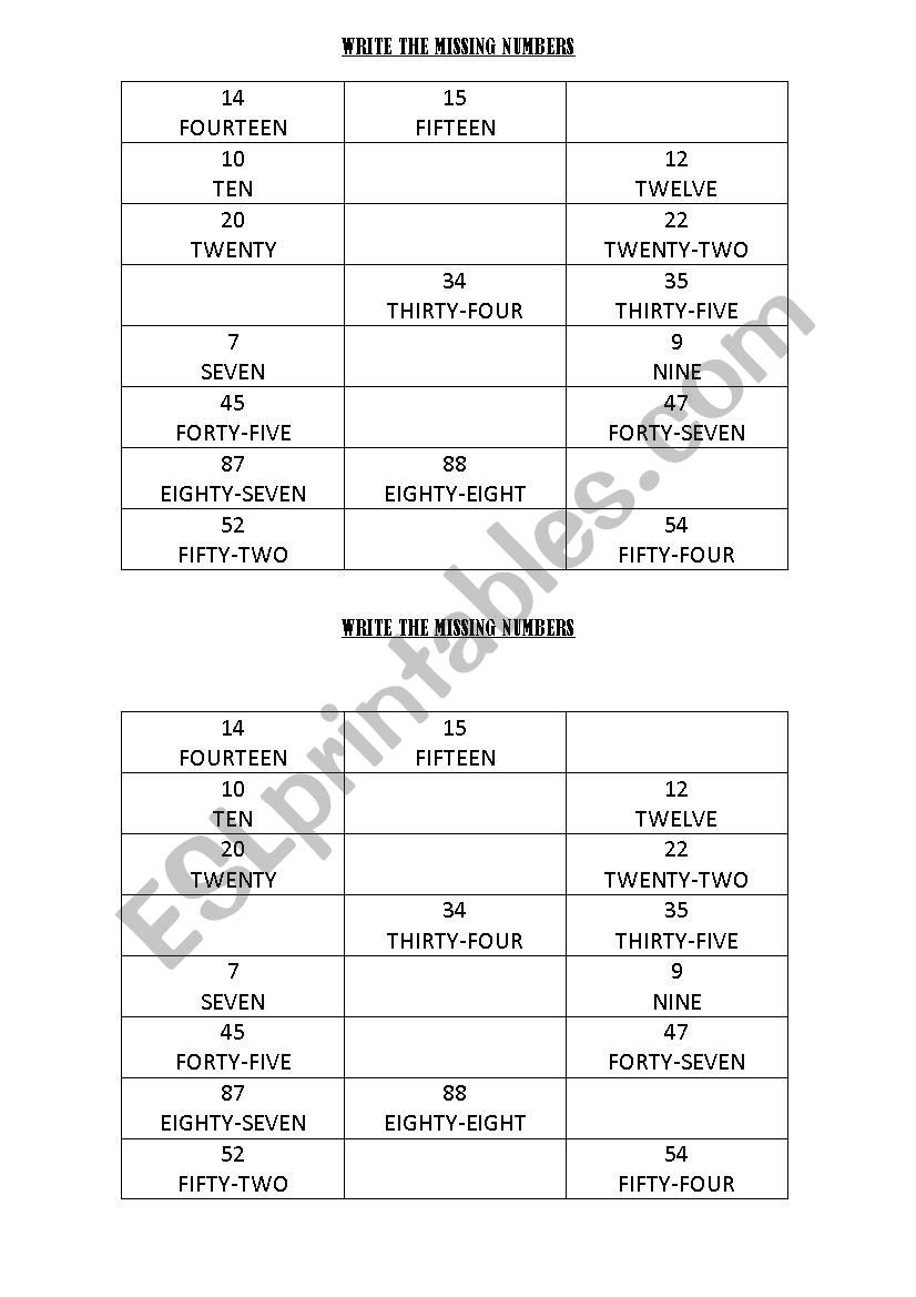 Write the missing numbers worksheet