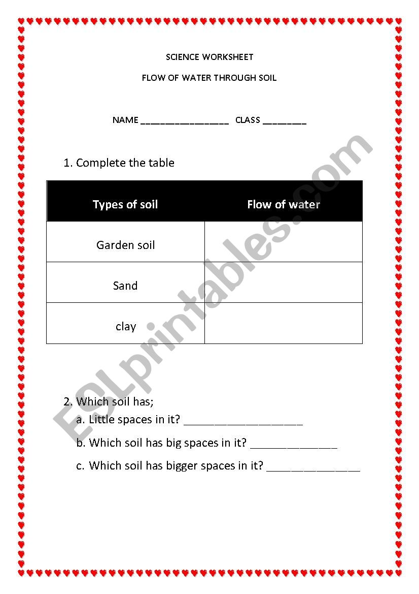 Flow of water through soil worksheet