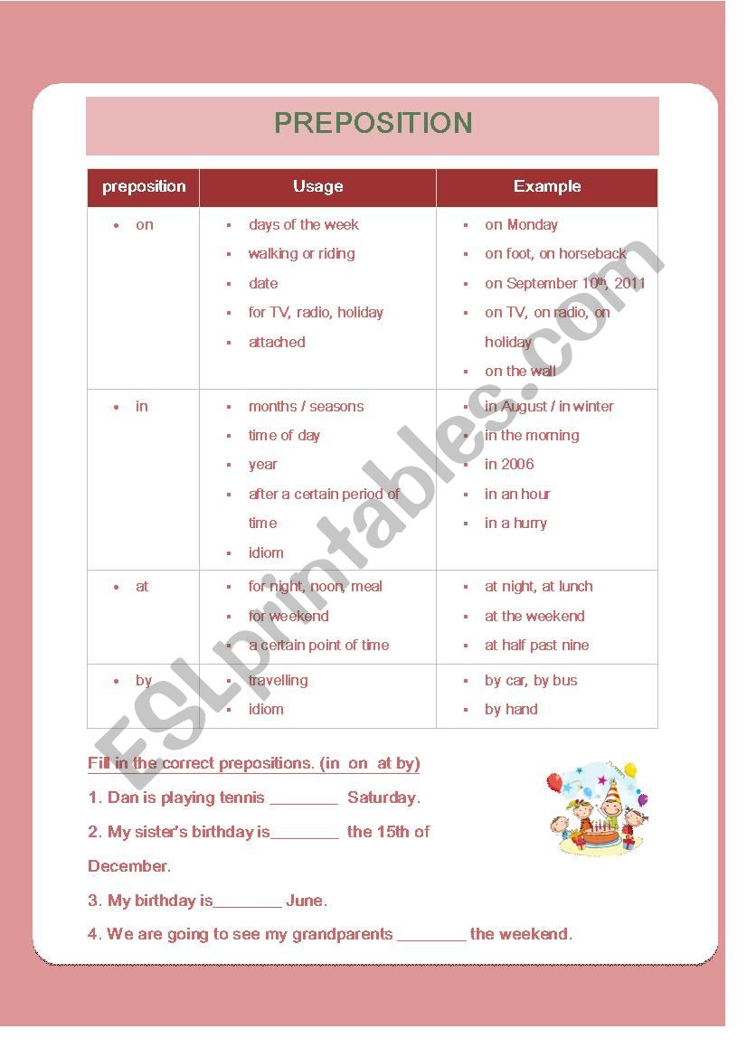 prepositions (in on at by) worksheet