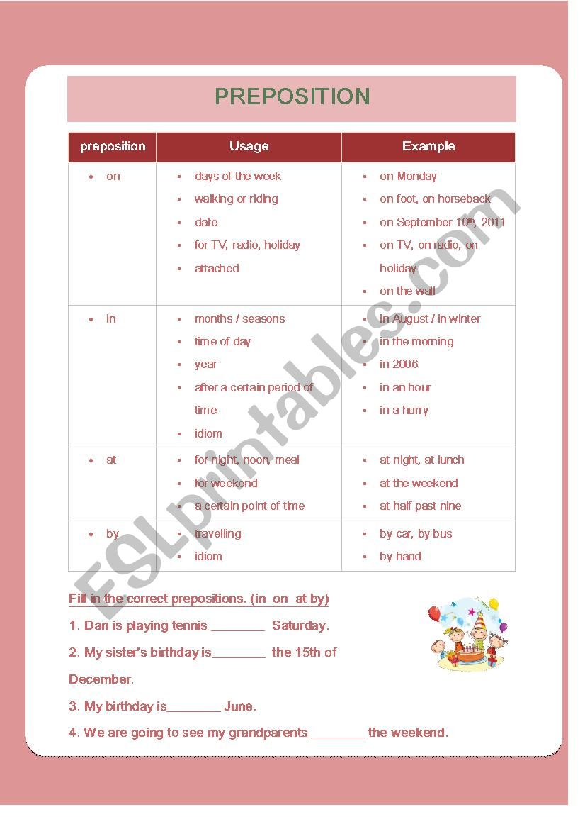 prepositions (in on at by) worksheet