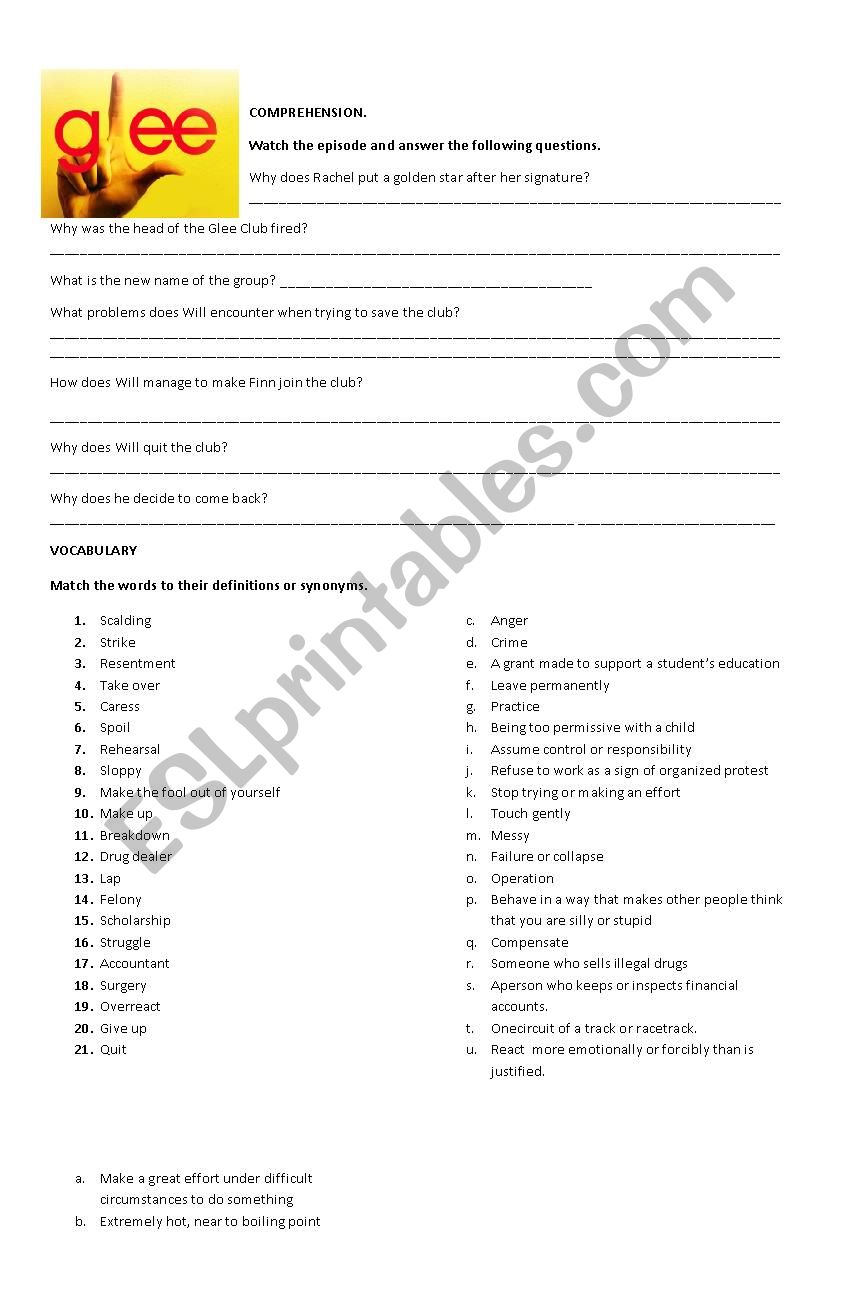 Glee Pilot Episode Worksheet worksheet