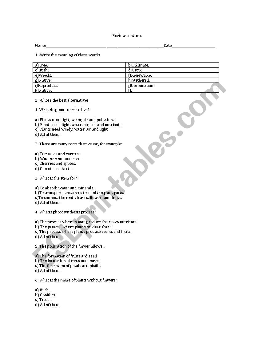 Plants worksheet