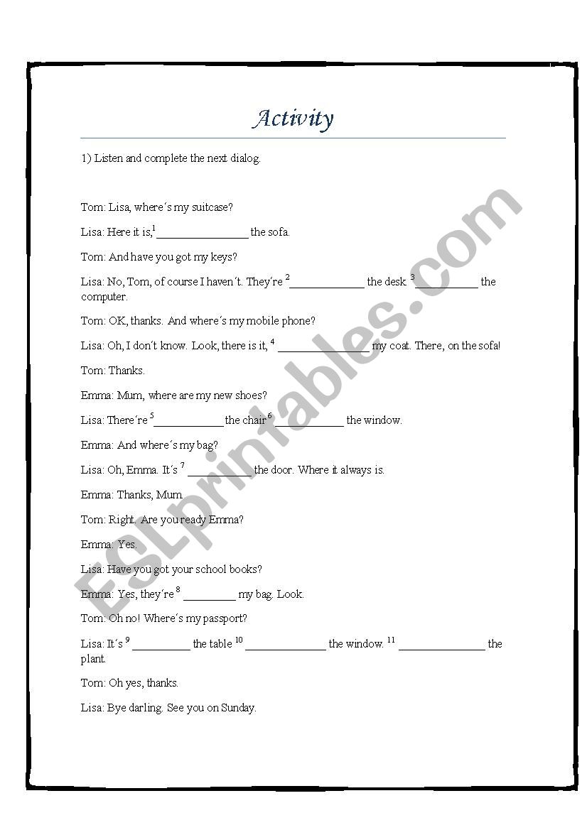 Preposition of place worksheet