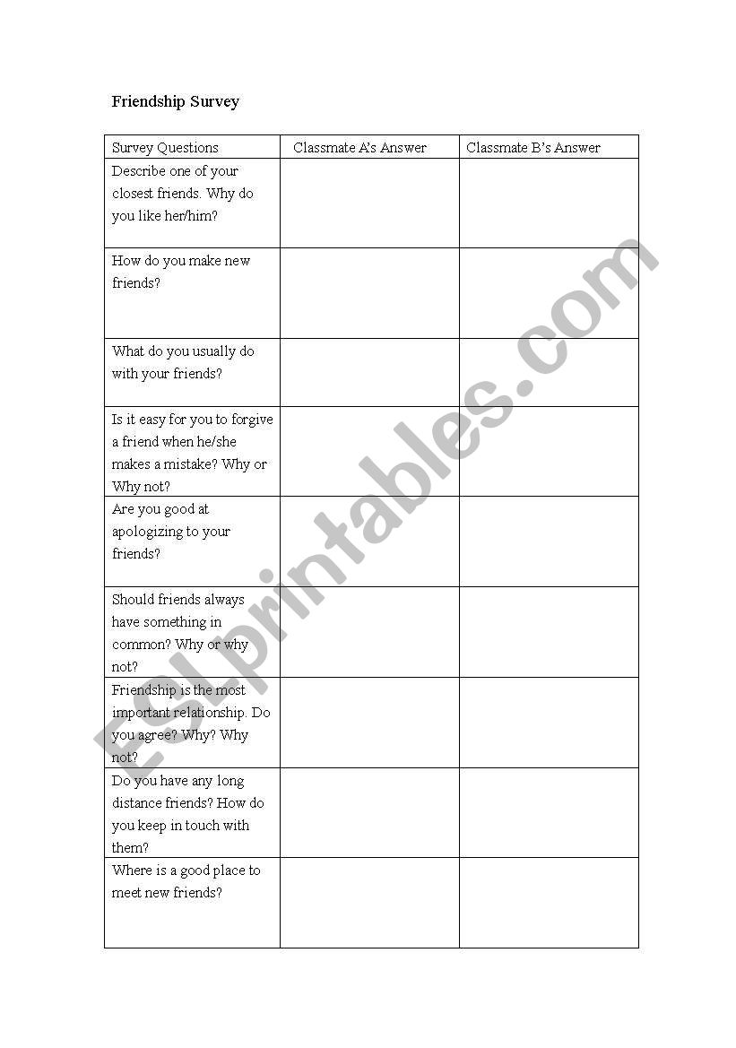 friendship survey worksheet