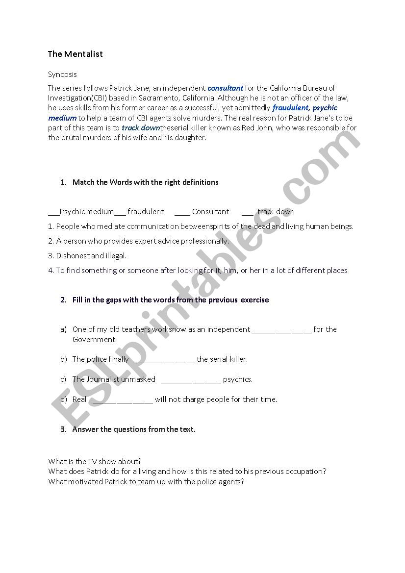 The mentalist worksheet