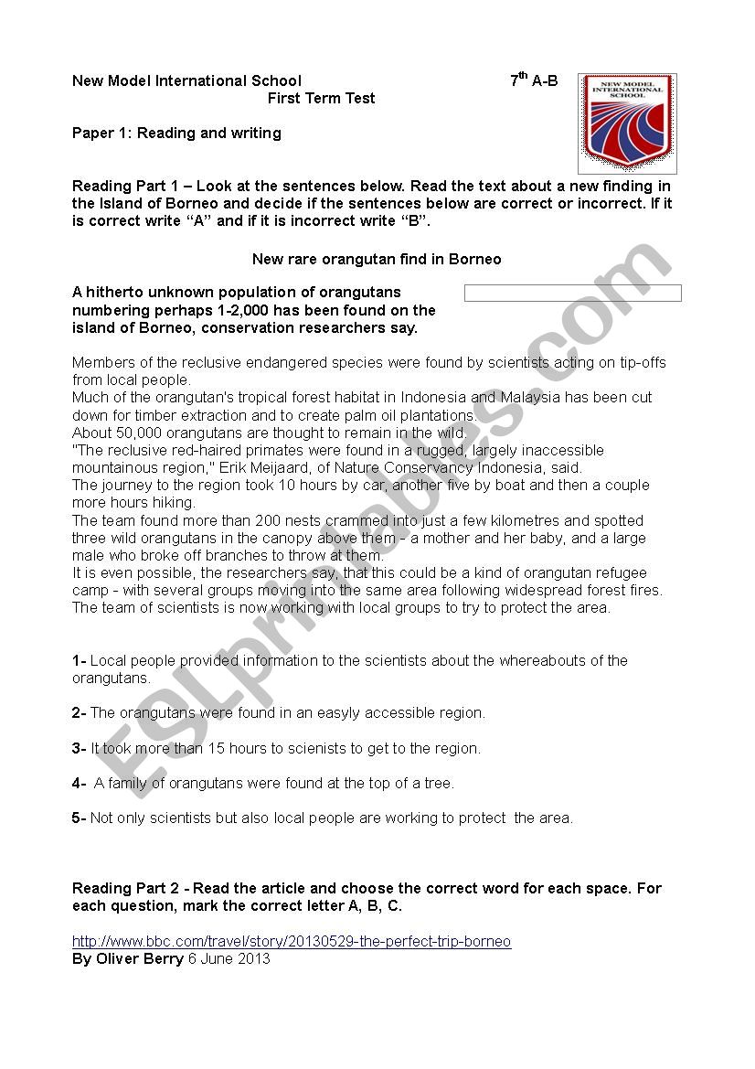 7th form TEST- PET format worksheet