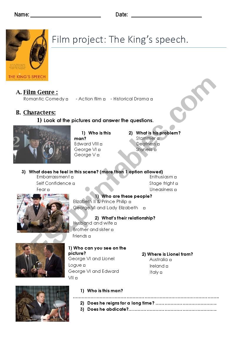 Movie worksheet: The kings speech.