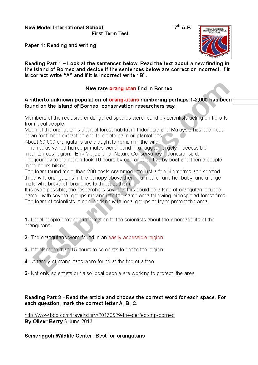 7th form TEST- PET format worksheet