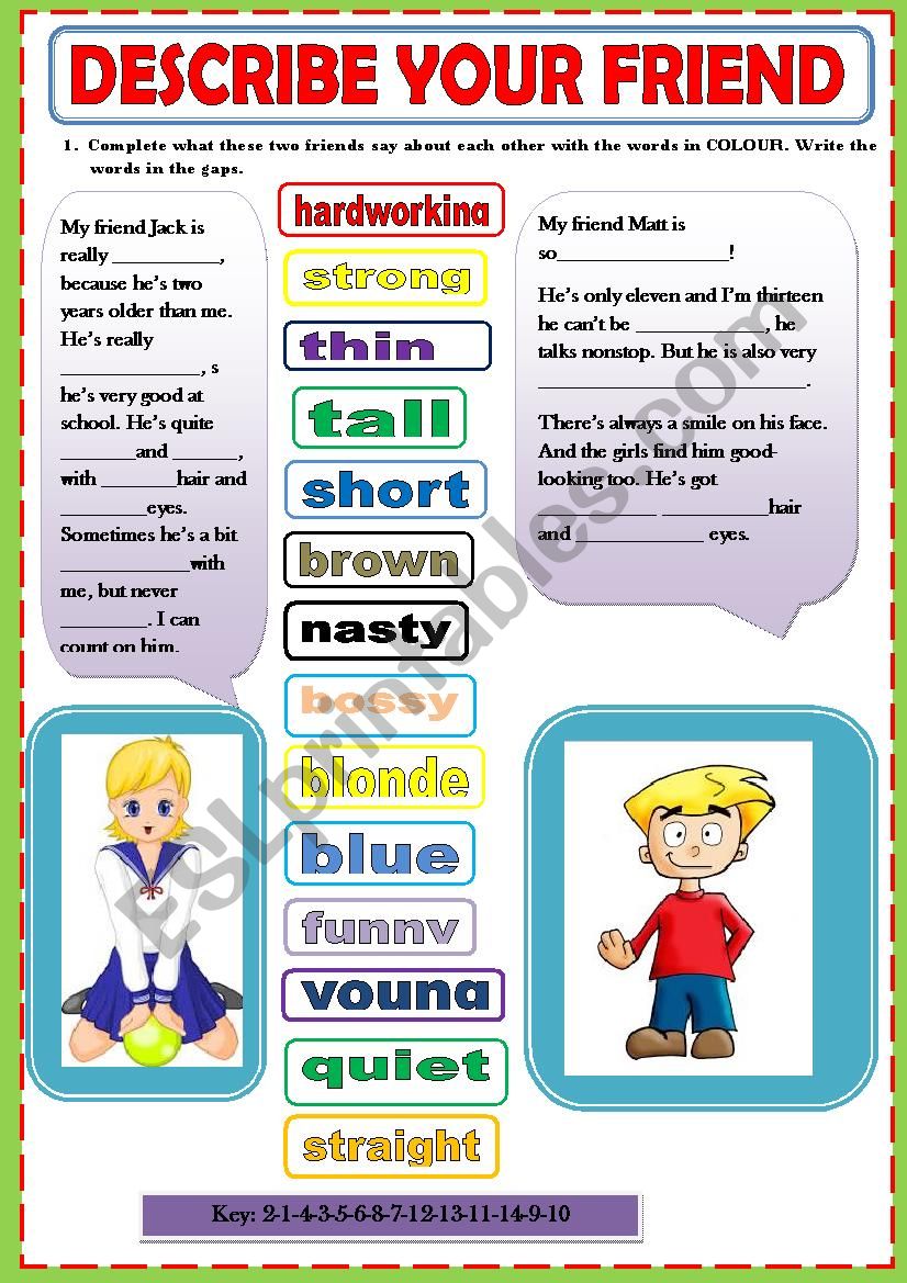 DESCRIBE YOUR FRIEND - ADJECTIVES - ESL worksheet by ascincoquinas