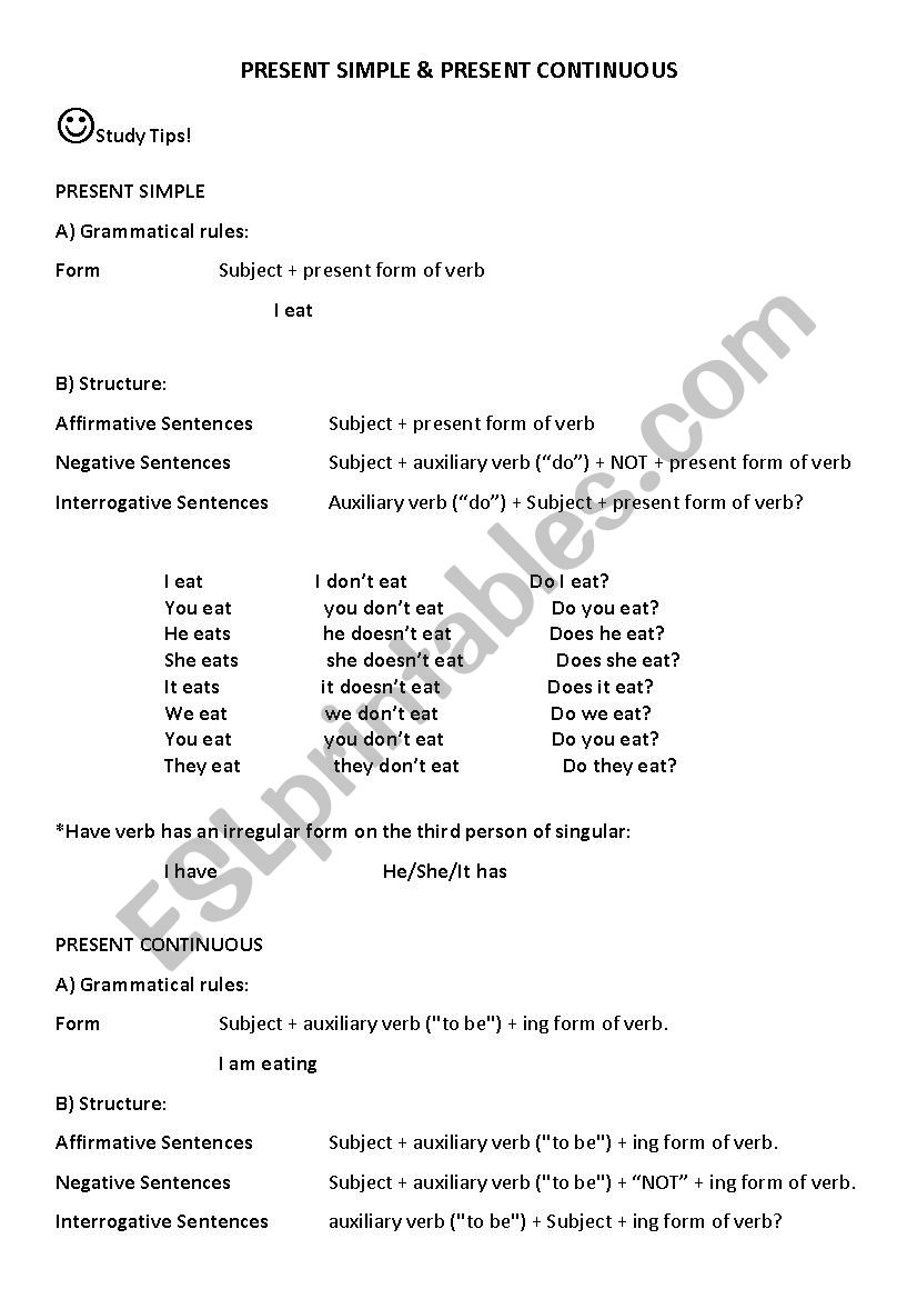 Present simple and present continuous grammar and exercises