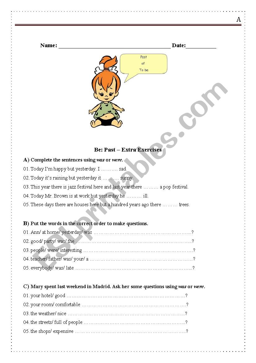 Simple Past of Be worksheet