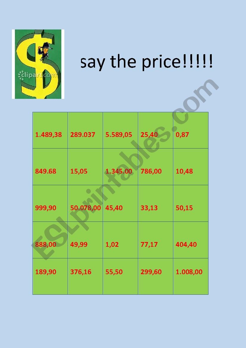 SAY THE PRICE!!!! worksheet