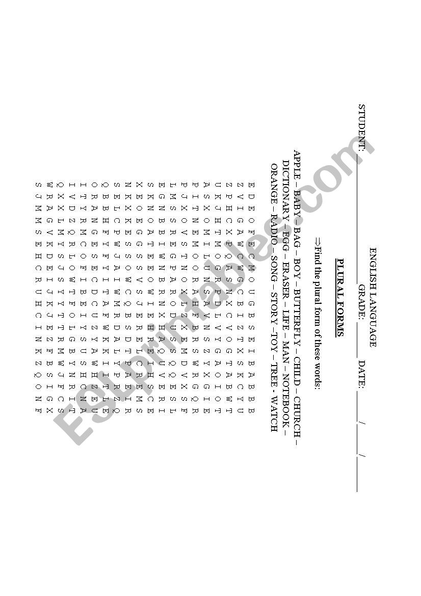 plural forms word search worksheet