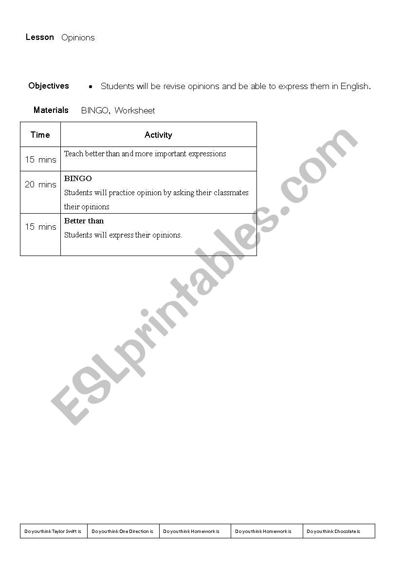 Teaching Opinions Bingo and worksheet